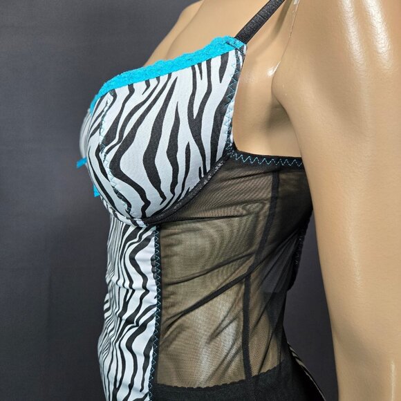 Y2K Zebra Print Lingerie slip Mini Dress With Garters 36C L Trashy Mcbling - Picture 5 of 11